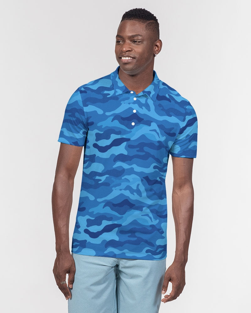 Blue Camo Men's Polo, Camouflage Slim Fit Short Sleeve Collared Shirt Casual Summer Buttoned Down Up Sports Golf Tee Top Starcove Fashion