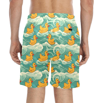 Yellow Rubber Duck Men Swim Trunks Shorts, Print Swimming Mid Length Funny Beach Pockets Mesh Drawstring Boys Casual Bathing Suit Summer