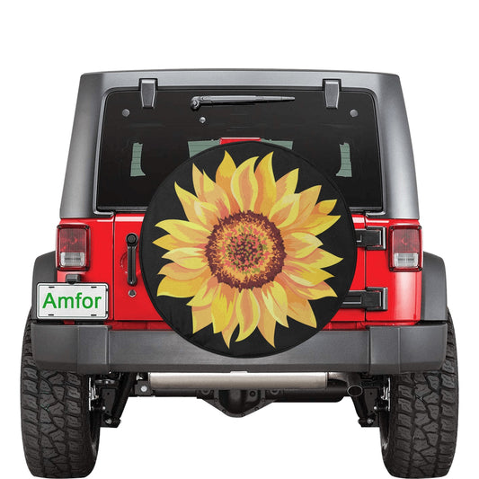 Sunflower Tire Cover, Spare Wheel Floral Yellow Flowers Black Custom Back Camera Hole Unique Design Back Tire Women Girls RV Camper
