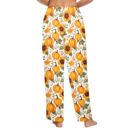Fall Pumpkins Women Pajamas Pants, Sunflowers Autumn Satin PJ Funny Pockets Trousers Couples Matching Ladies Trousers Bottoms Sleepwear
