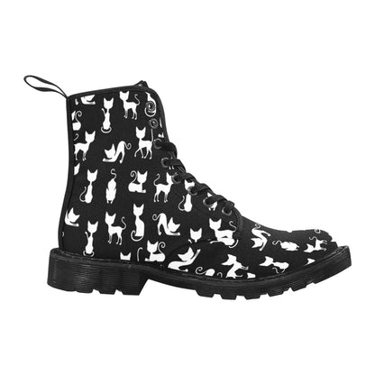 Cats Women's Boots, Kittens Black White Vegan Canvas Lace Up Ladies Shoes Black Print Army Ankle Combat Winter Casual Custom Gift