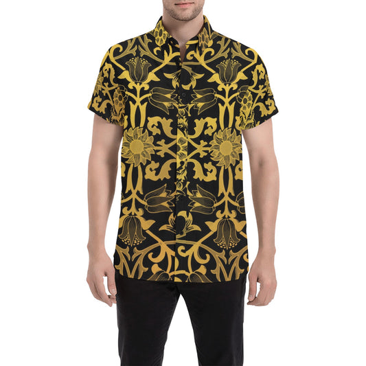Ornate Design Short Sleeve Men Button Down Shirt, Vintage Gold Geometric Print Casual Buttoned Down Summer Dress Collared Shirt