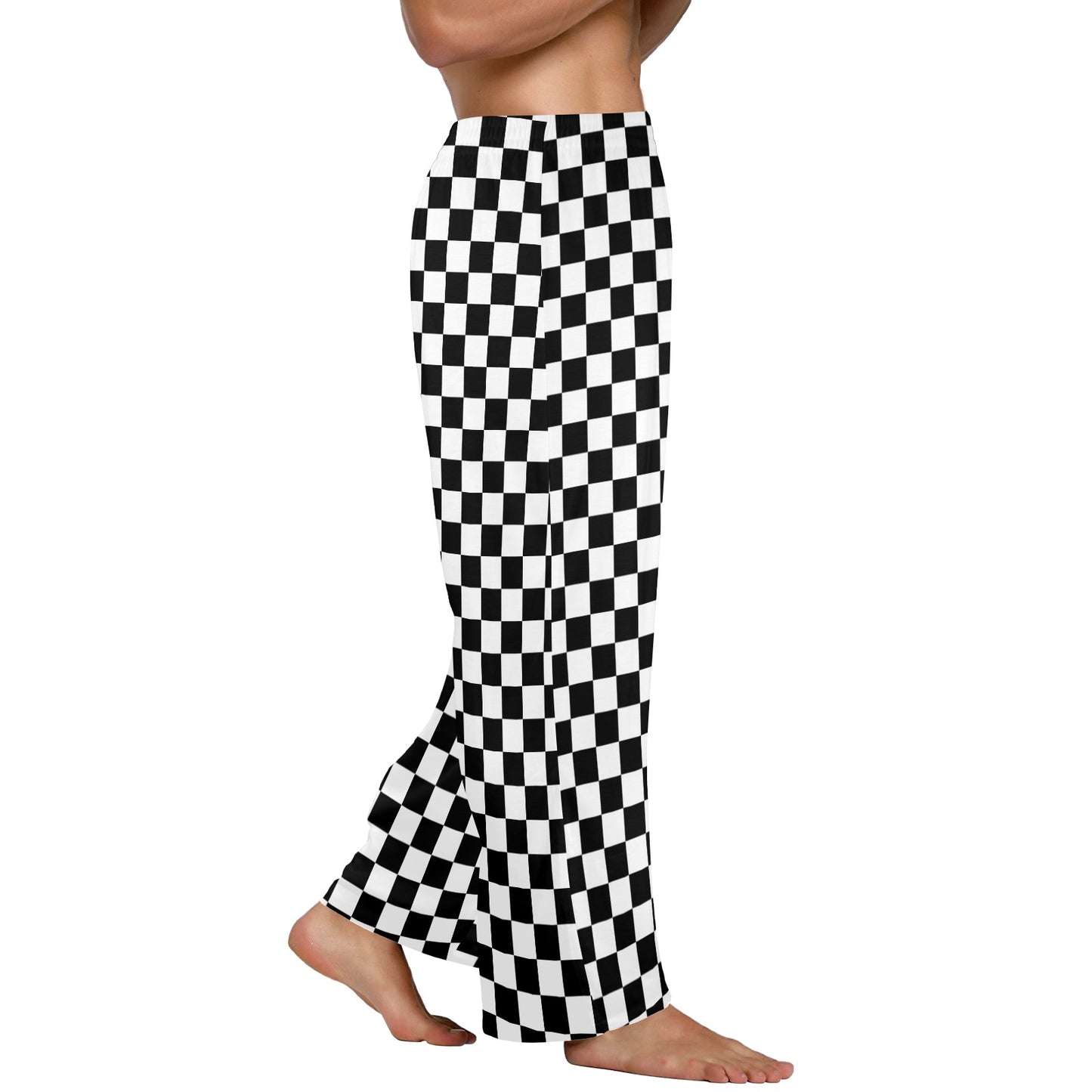 Checkered Men Pajamas Pants, Black White Check Checkerboard Satin PJ Sleep Trousers Couples Matching Trousers Bottoms