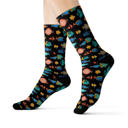 Fish Socks, 3D Sublimation Socks Black Tropical Angel Clown Fish  Sea Ocean Men Women Crew Cotton Socks, Cool, Cute Crazy & Fun socks Starcove Fashion