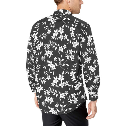 Black and White Floral Long Sleeve Men Button Up Shirt, Flowers Summer Print Dress Buttoned Collar Casual Male Guy Plus Size Shirt
