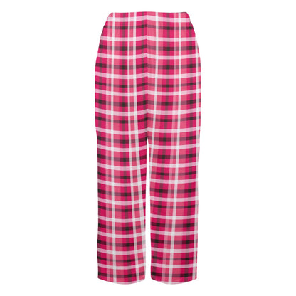 Red Pink Plaid Women Pajamas Pants, Buffalo Check Christmas Xmas Satin PJ Funny Pockets Trousers Couples Matching Ladies Trousers Bottoms