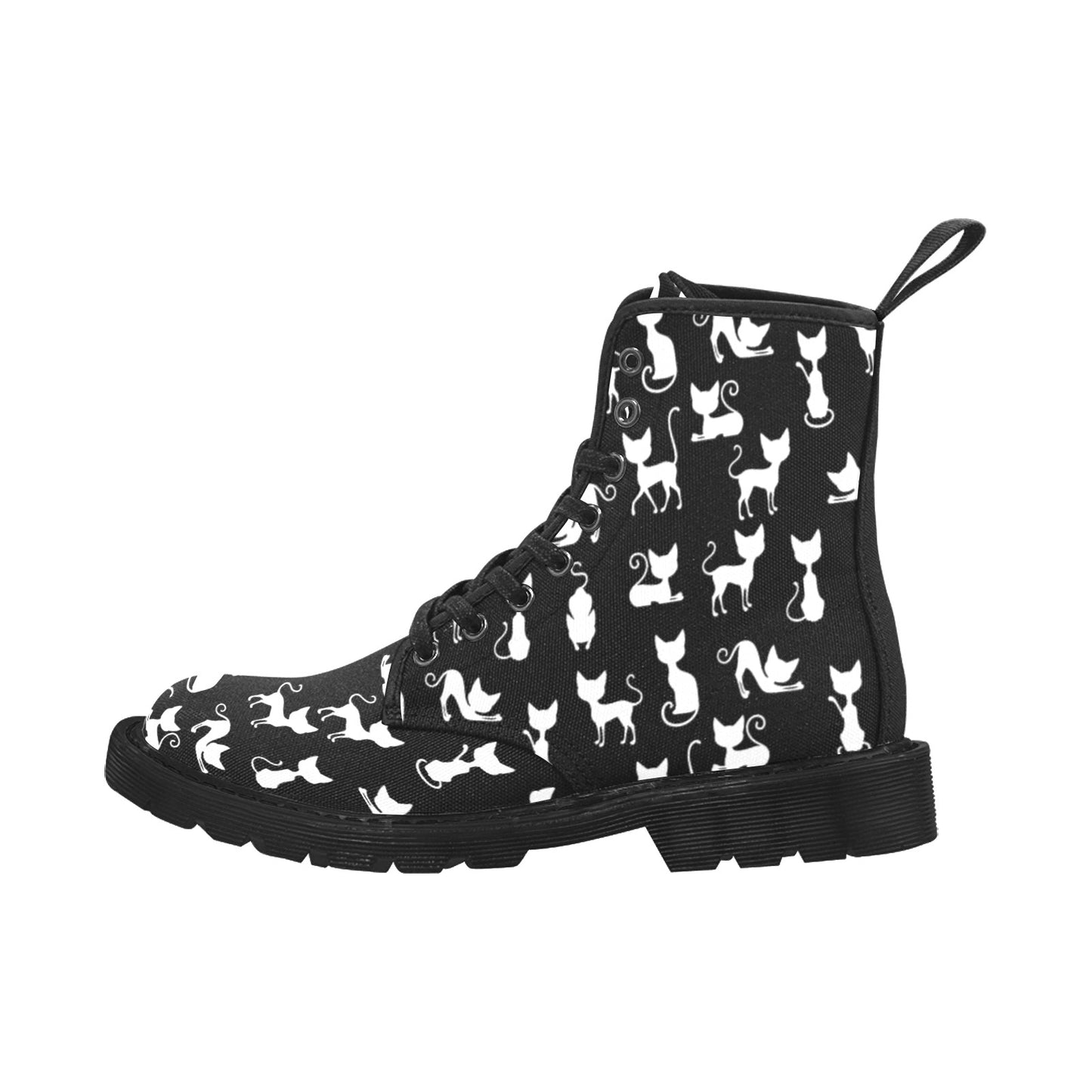 Cats Women's Boots, Kittens Black White Vegan Canvas Lace Up Ladies Shoes Black Print Army Ankle Combat Winter Casual Custom Gift