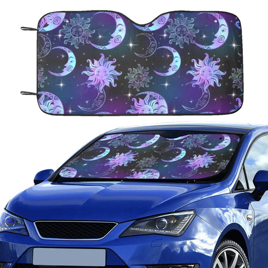 Moon Stars Windshield Sun Shade, Boho Bohemian Galaxy Purple Car Accessories Auto Cover Protector Window Visor Screen Decor 55" x 29.53"