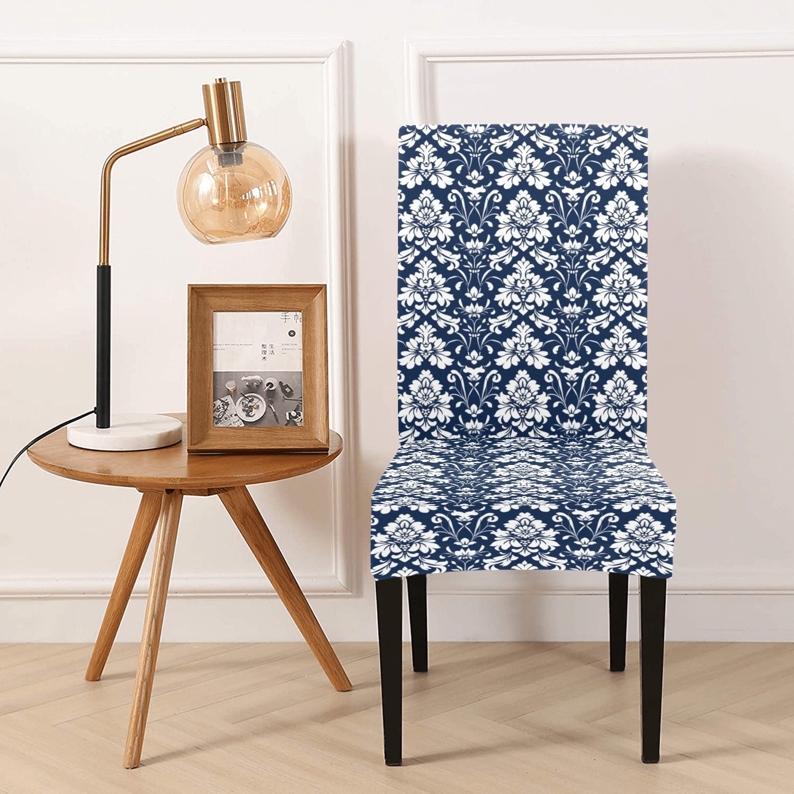 Navy Damask Dining Chair Seat Covers, Blue White Floral Stretch