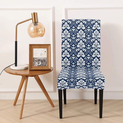 Navy Damask Dining Chair Seat Covers, Blue White Floral Stretch Slipcover Furniture Dining Room Party Banquet Home Decor Spandex