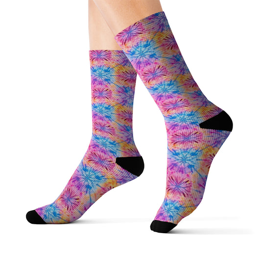 Tie Dye Socks, Pink Crew 3D Sublimation Women Men Designer Fun Novelty Cool Funky Crazy Casual Cute Unique Dress Starcove Fashion