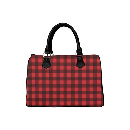 Buffalo Plaid Handbag, Black and Red Checkered Check Print, Canvas and Leather Barrel Type Designer Purse Starcove Fashion