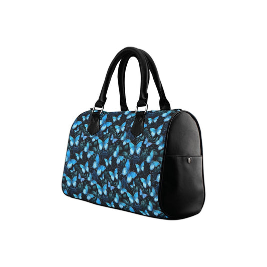 Morpho Blue Butterfly Print Handbag Purse, Cute Animal Art Top Zipper Canvas Leather Top Handle Barrel Type Women Designer Ladies Bag