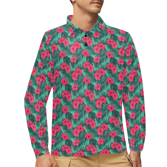 Tropical Flowers Men Long Sleeve Polo Shirt, Red Green Floral Vintage Designer Full Button Up Collared Golf Casual Tshirt Top