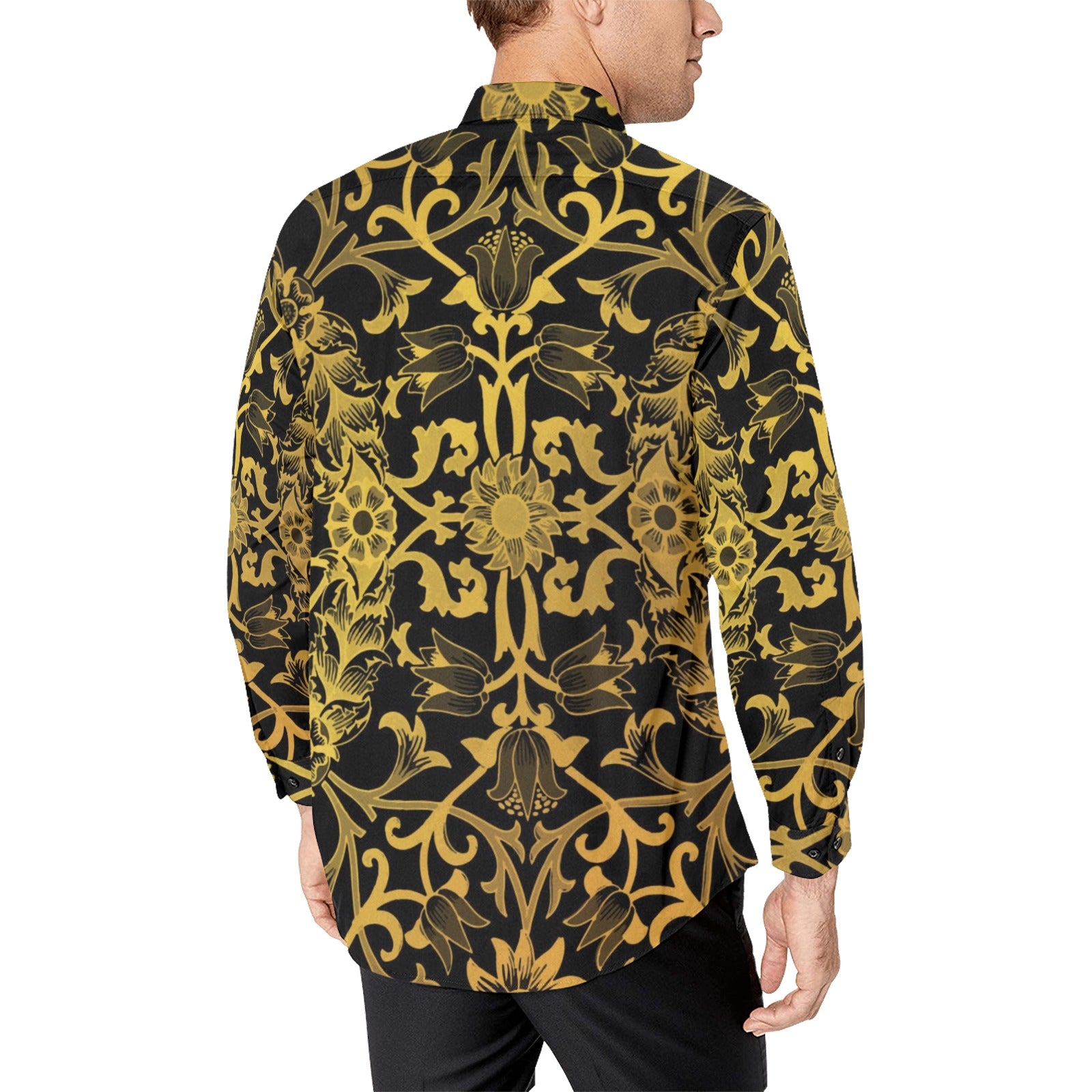 Retro Long Sleeve Men Button Up Shirt, Vintage Steampunk Baroque Print Black Gold Casual Dress Casual Buttoned Collared with Chest Pocket L Retro Long Sleeve Men Button Up Shirt, Vintage Steampunk Baroque Print Black Gold Casual Dress Casual Buttoned Collared with Chest Pocket L