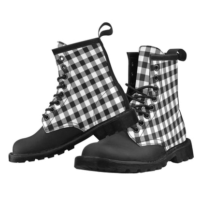 Black White Buffalo Plaid Women's Boots, Check Lumberjack Tartan Vegan Leather Lace Up Shoes Print Ankle Punk Combat Gothic Winter Ladies