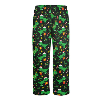 Dino Santa Hat Men Pajamas Pants, Green Dinosaur Christmas Xmas Satin PJ Pockets Sleep Lounge Trousers Couples Matching Trousers Bottoms