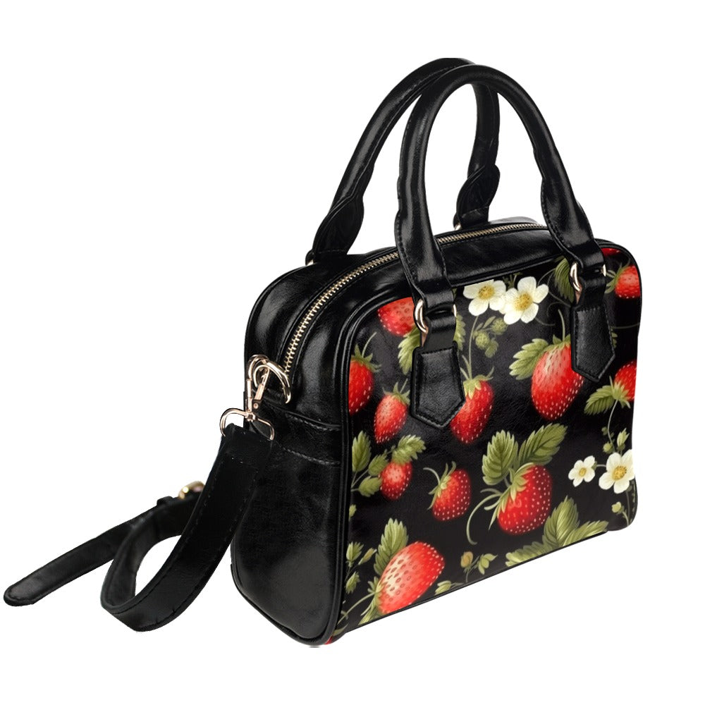 Strawberry Purse, Summer Fruit Floral Pattern Cute Small Shoulder Zip Bag Vegan Leather Women Designer Handbag Crossbody Ladies