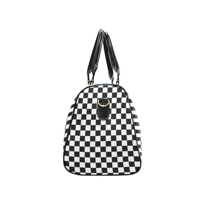 Checkered Travel Duffle Bag, Black White Check Waterproof Top Zipper Shoulder Leather Strap Handle Overnight Weekender Carry On Luggage