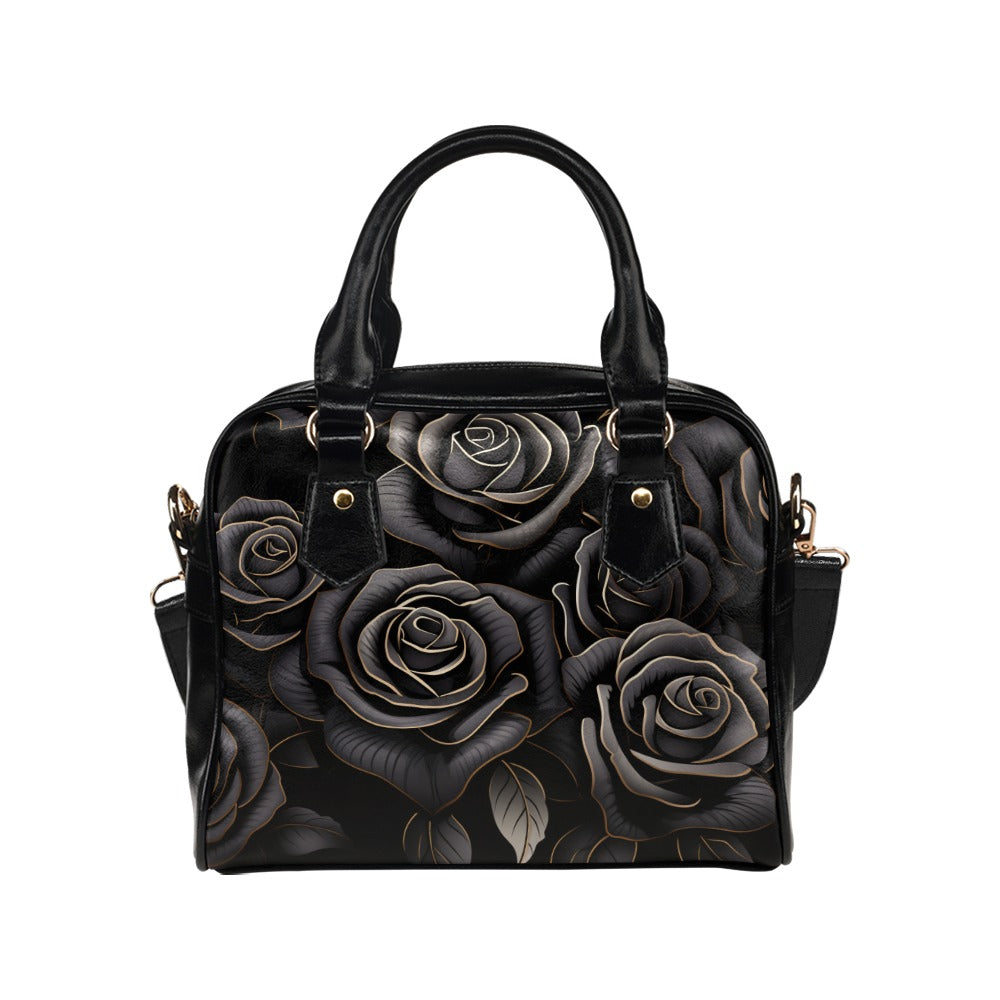 Black Roses Shoulder Purse, Cute Floral Flowers Small Goth Retro Vintage Vegan Leather Women Designer Handbag with Strap Crossbody Bag