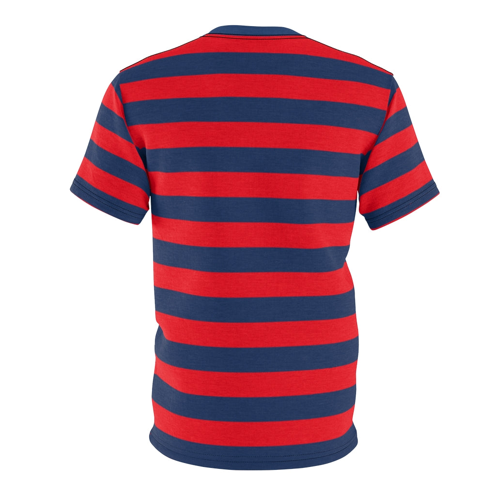 Red and Blue Striped Men T Shirt, Navy Blue Vintage Wide Horizontal Stripes  90s Adult Unisex Designer Crewneck Tee Gifts