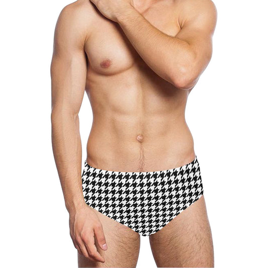 Houndstooth Men Swim Briefs, Black White Sexy 80s Swimwear Trunks Swimming Suit Swimsuit Low Rise Underwear Vintage Designer Swimwear