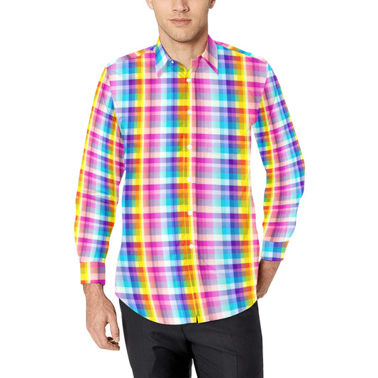 Rainbow Check Long Sleeve Men Button Up Shirt, Checkered Plaid Print Buttoned Collared Casual Dress Shirt with Chest Pocket