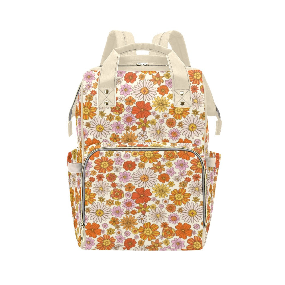 Retro Floral Diaper Bag Backpack, Pink Flowers Groovy 70s Baby Girl Waterproof Insulated Pockets Stylish Mom Designer Men Women Multipurpose