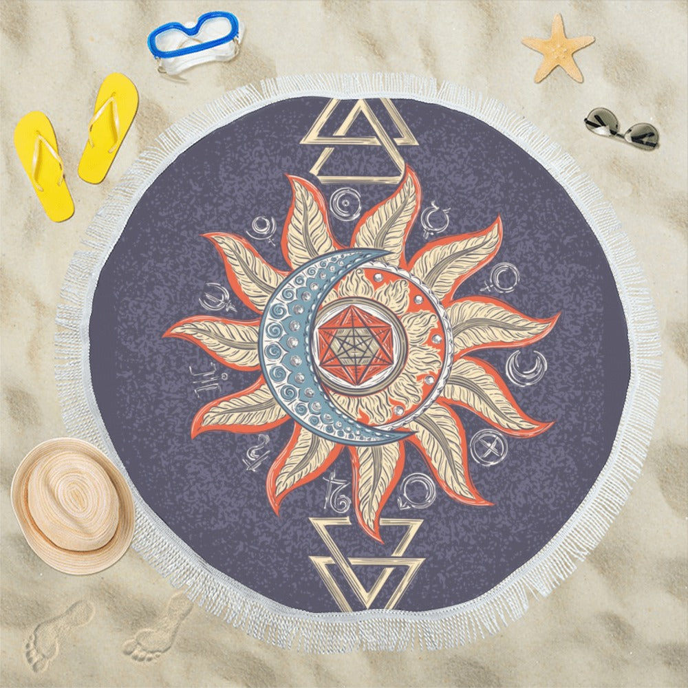 Sun Moon Round Beach Blanket, Boho Hippie Astrology Yoga Meditation Mandala Circular Shawl Picnic Mat Throw Outdoor Festival Accessories Starcove Fashion