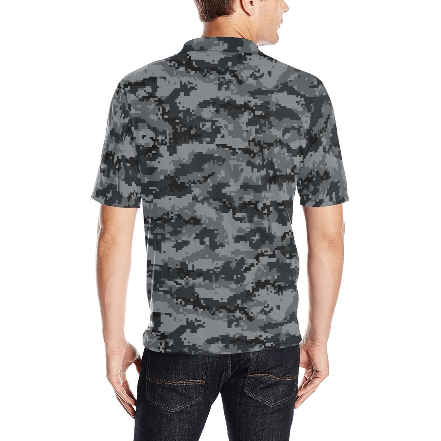 Camouflage Men Polo Collared Shirt, Digital Camo Grey Black Pattern Casual Summer Buttoned Down Up Shirt Short Sleeve Sports Golf Tee Starcove Fashion