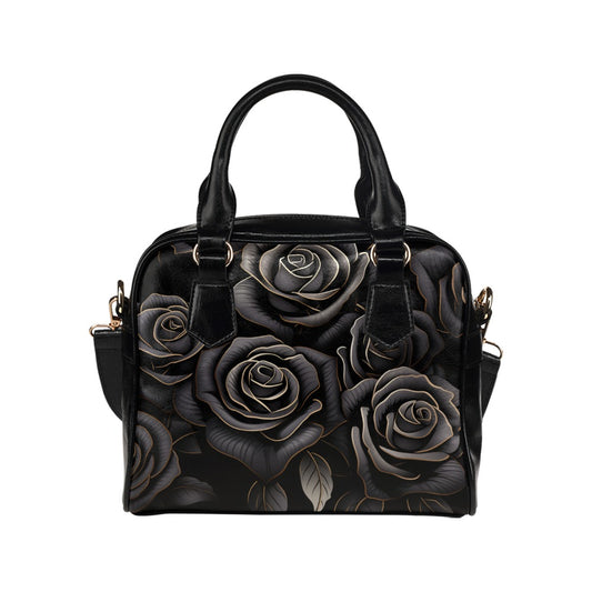 Black Roses Shoulder Purse, Cute Floral Flowers Small Goth Retro Vintage Vegan Leather Women Designer Handbag with Strap Crossbody Bag