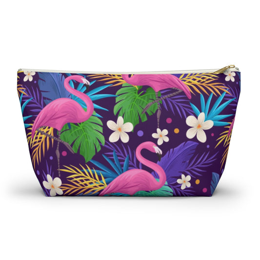 Flamingo Tropical Pouch Bag, Pink Purple Canvas Travel Wash Makeup Toiletry Bath Organizer Cosmetic Gift Accessory Large Small Zipper Starcove Fashion