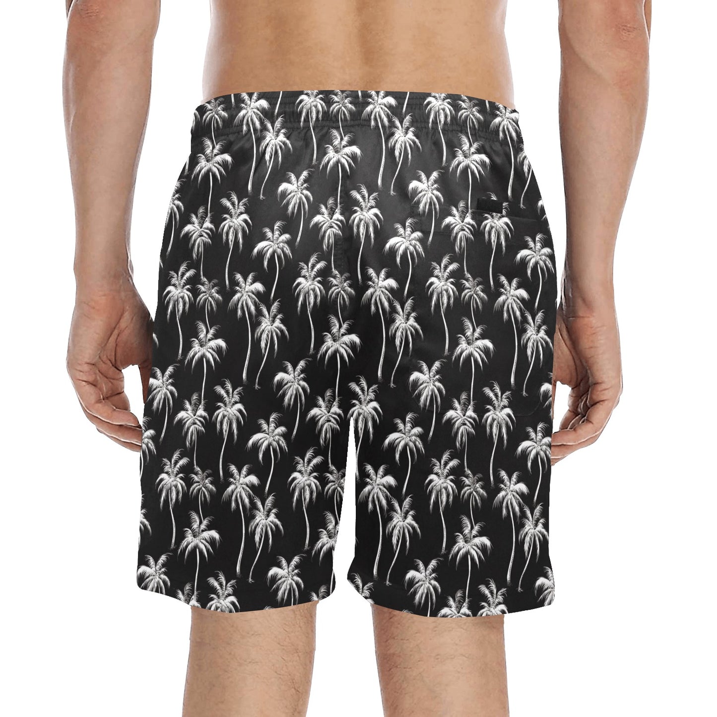 Black Palm Tree Men Mid Length Shorts, White Beach Swim Trunks Front Back Pockets Mesh Drawstring Boys Casual Bathing Suit Summer