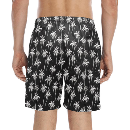 Black Palm Tree Men Mid Length Shorts, White Beach Swim Trunks Front Back Pockets Mesh Drawstring Boys Casual Bathing Suit Summer Starcove Fashion