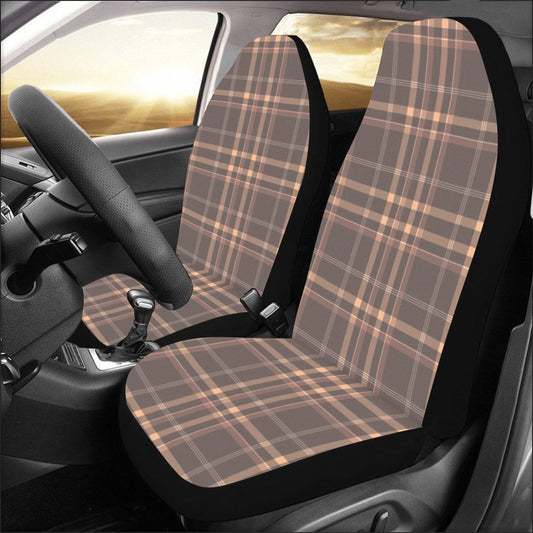 Brown Tartan Car Seat Covers 2 pc, Plaid Checks Pattern Front Seat Covers, Car SUV Truck Rv Seat Protector Accessory Decoration