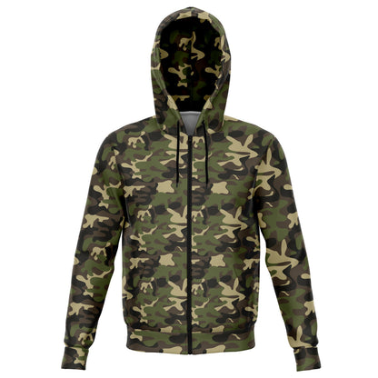 Camo Green Zip Up Hoodie, Camouflage Army Front Zip Pocket Men Women Adult Aesthetic Graphic Cotton Hooded Sweatshirt Starcove Fashion