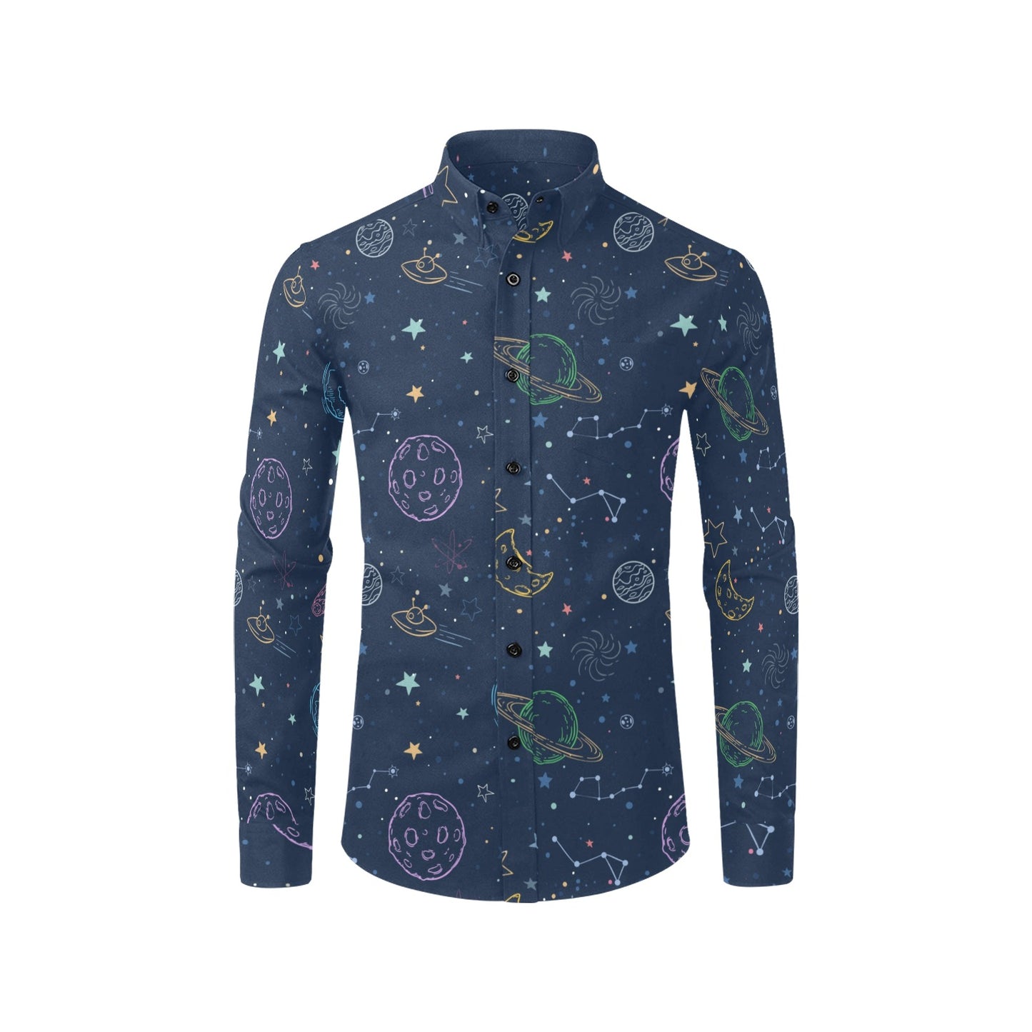 Planets Long Sleeve Men Button Up Shirt, Space Stars Universe Cosmos Print Buttoned Collar Dress Shirt with Chest Pocket