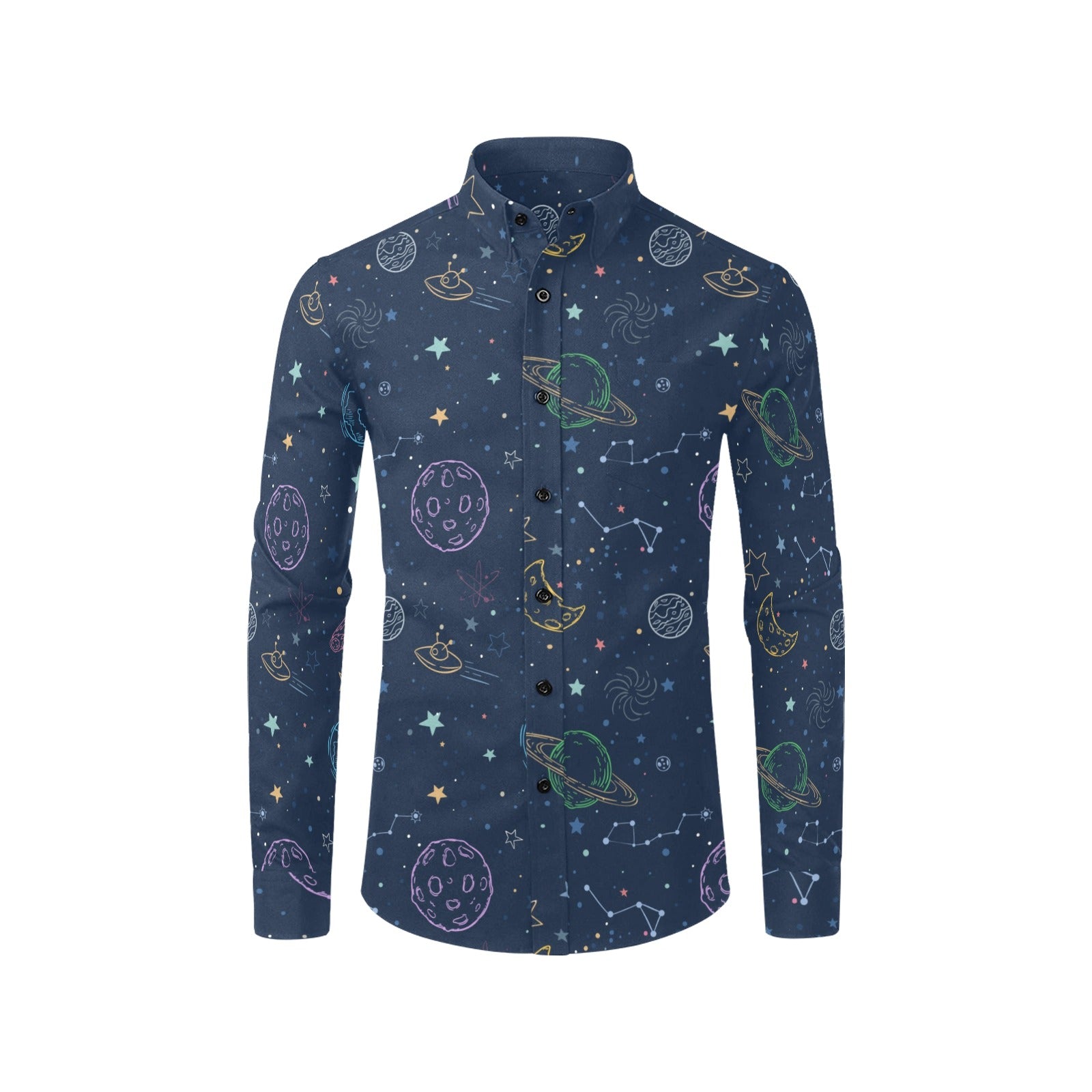 Planets Long Sleeve Men Button Up Shirt, Space Stars Constellations Universe Cosmos Print Buttoned Collar Dress Shirt with Chest Pocket Starcove Fashion