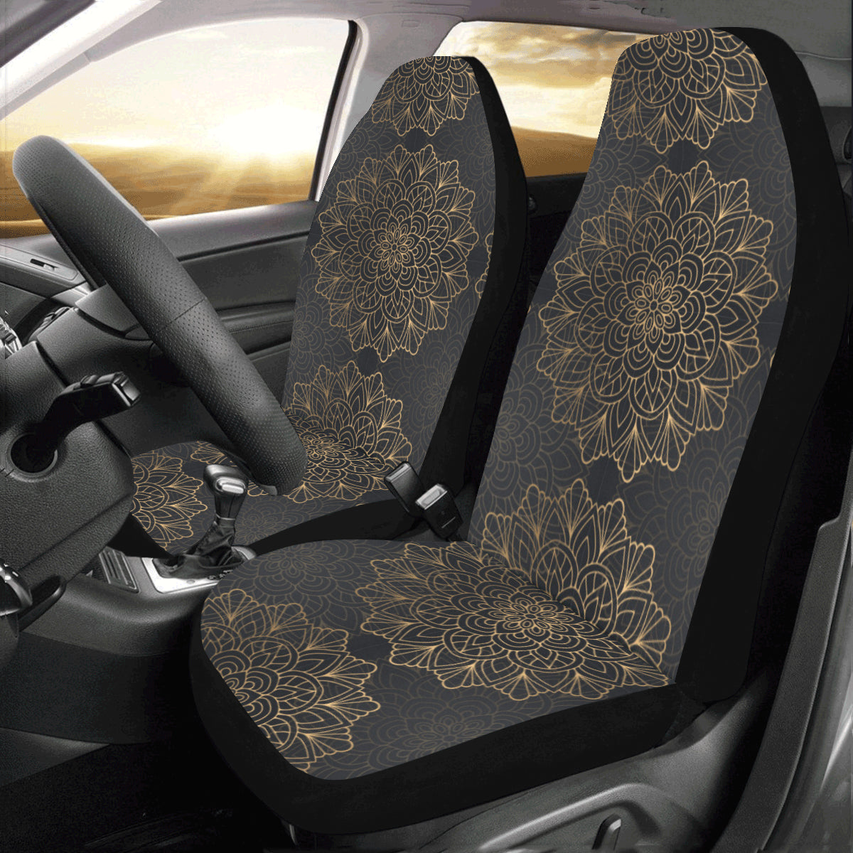 Black Mandala Boho Car Seat Covers 2 pc, Tribal Indian Pattern Bohemian Oriental Art Front Seat Covers, Car SUV Protector Accessory Decor Starcove Fashion