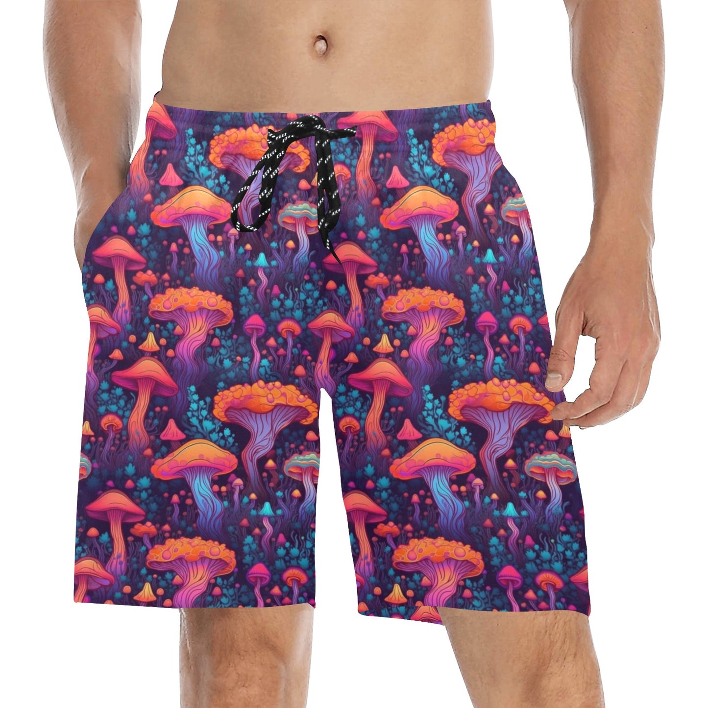 Mushroom Men Swim Trunks, Psychedelic Trippy 7 Inch Shorts Beach Surf Swimwear Front Back Pockets Mesh Lining Drawstring Bathing Suit Starcove Fashion