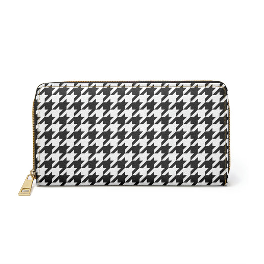 Houndstooth Leather Wallet Women, Black White Print Vegan Zipper Zip Around Coins Credit Cards Pocket Cash Ladies Pouch Slim Clutch Starcove Fashion