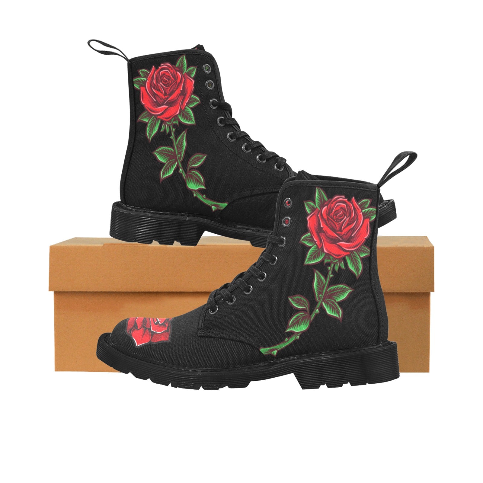 Red Roses Women's Boots, Floral Flowers Vegan Canvas Lace Up Shoes, Flower Print Black Ankle Combat, Casual Custom Gift Starcove Fashion