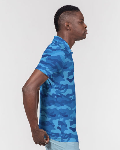 Blue Camo Men's Polo, Camouflage Slim Fit Short Sleeve Collared Shirt Casual Summer Buttoned Down Up Sports Golf Tee Top