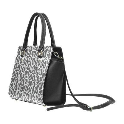 Grey Leopard Shoulder Purse Handbag, Animal Print Cheetah High Grade Vegan Leather Designer Women Gift Satchel Top Handle Zip Bag Strap