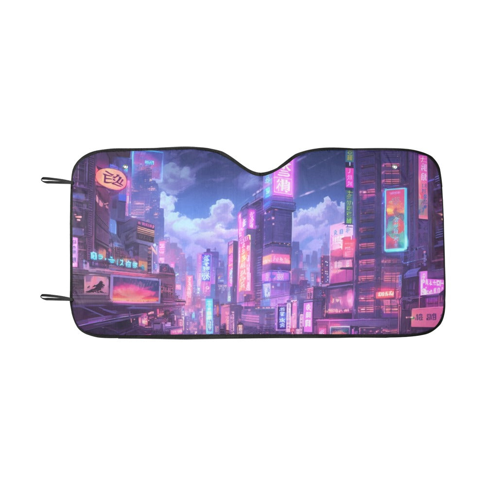 Tokyo Neon Signs Car Sun Shade, Anime Purple Universal Windshield Accessories Auto Protector Window Visor Screen Blocker Decor 55" x 29.53"