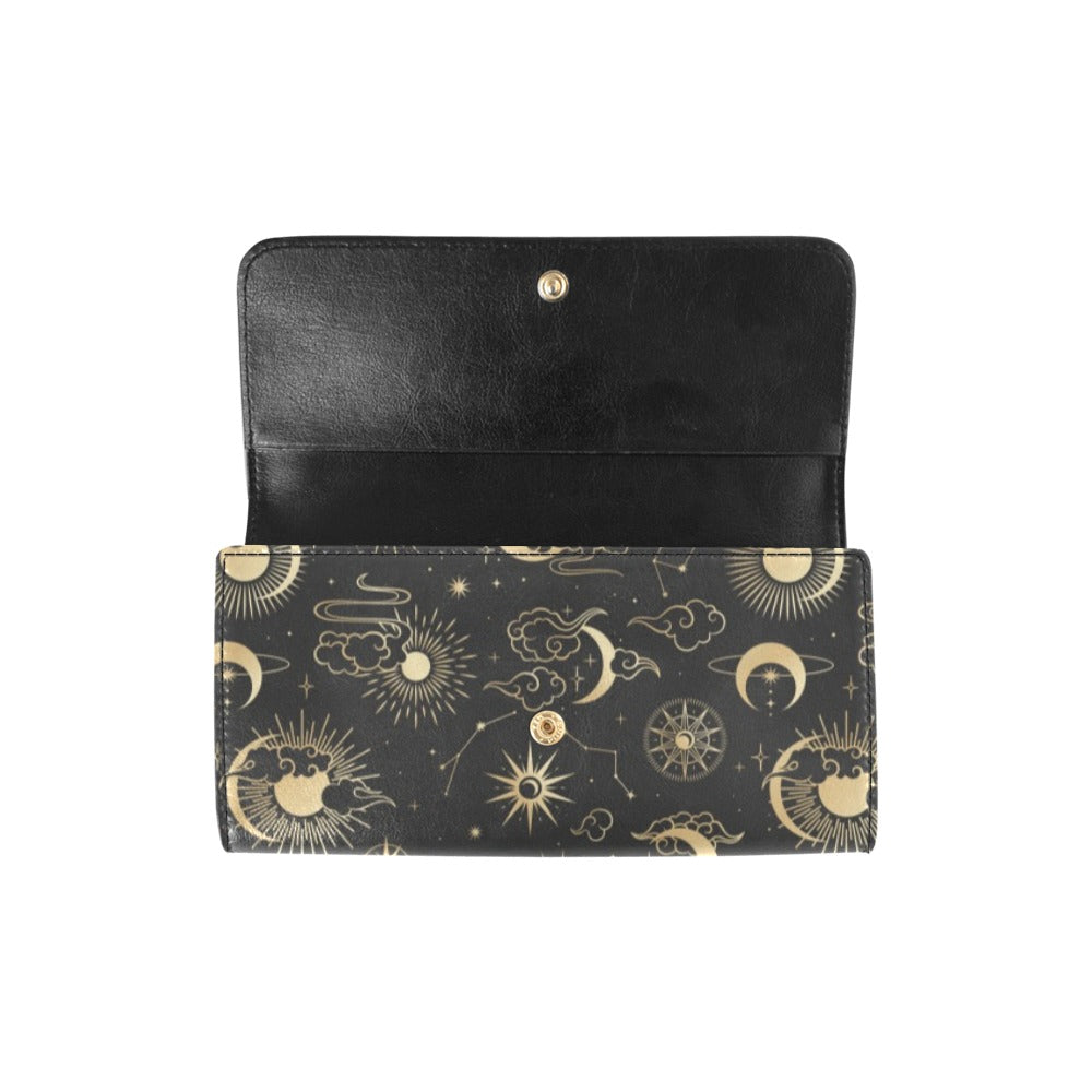 Sun Moon Women Wallet, Stars Celestial Constellation Space Black Faux Leather Trifold Long Clutch Credit Cards Coins Cash Large Zipper