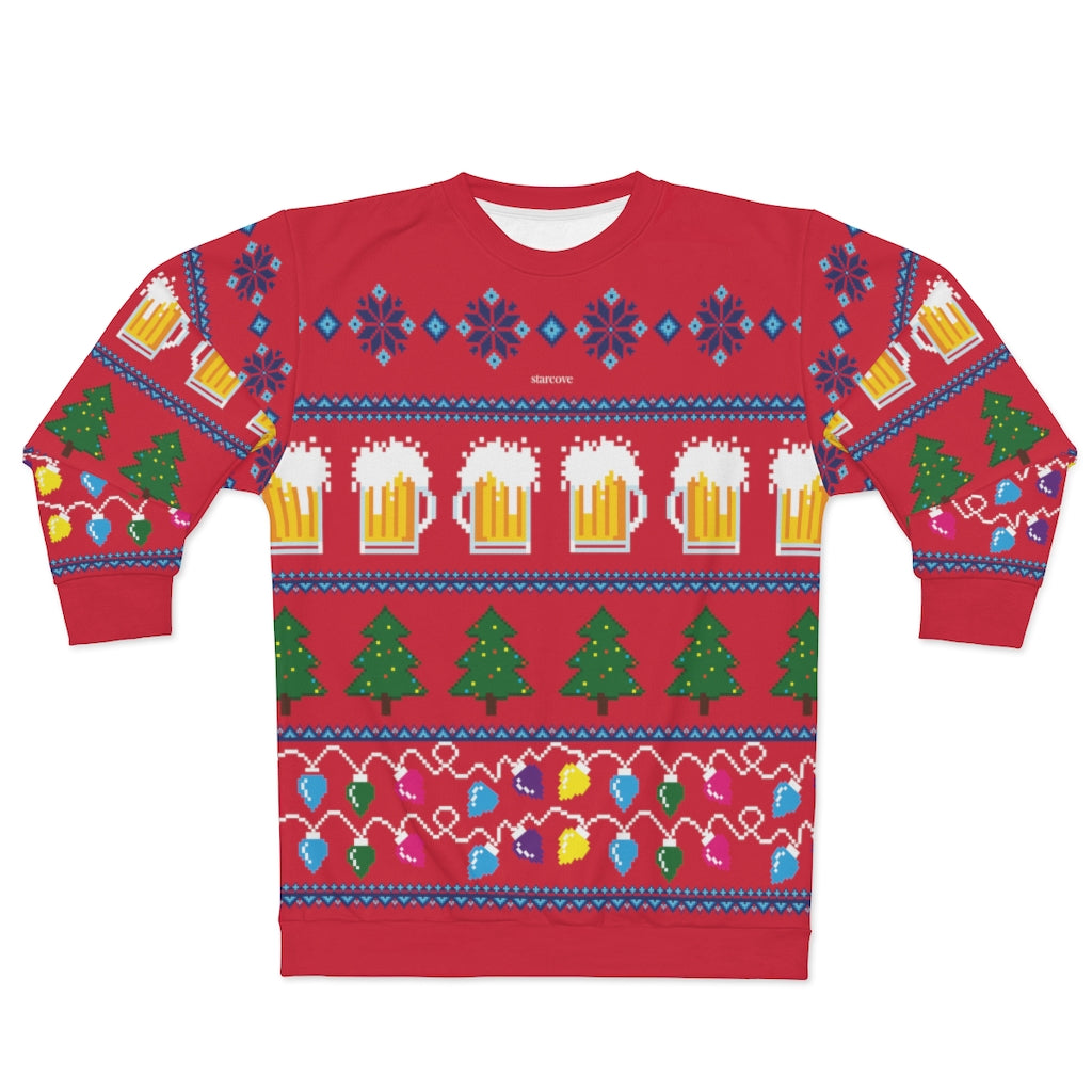 Red Ugly Christmas Sweater, Party Funny Men Women Lights Beer Stein glass Drinking Bar Tree Xmas Holiday Snowflakes Black Sweatshirt Top Starcove Fashion
