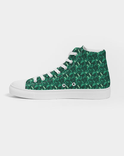 Emerald Green Women High Top Shoes, Geometric Lace Up Sneakers Footwear Canvas Streetwear Ladies Girls White Trainers Designer
