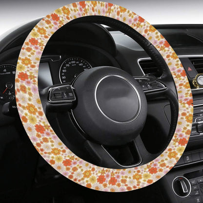 Retro Groovy Floral Steering Wheel Cover, Cute 70s Flowers Botanical Women Pink Print Car Auto Wrap Anti-Slip Insert Protector Accessories Starcove Fashion