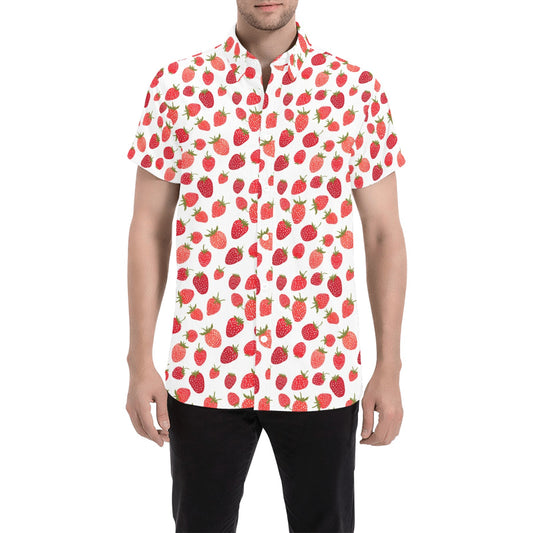 Strawberry Print Men Button Down Shirt, Short Sleeve Up Red Fruit White Casual Buttoned Down Summer Dress Shirt Plus Size Collared Husband